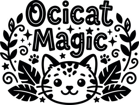 Black and white ocicat cat face with magic stars and leaves vector art