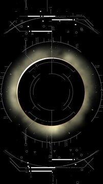 Vertical animation of futuristic HUD interface analyzing total solar eclipse with corona visible in space