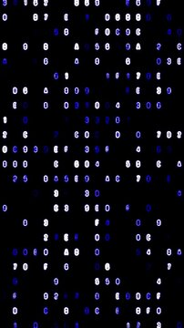 Neon blue and white hexadecimal characters changing on digital grid, representing futuristic code on black background