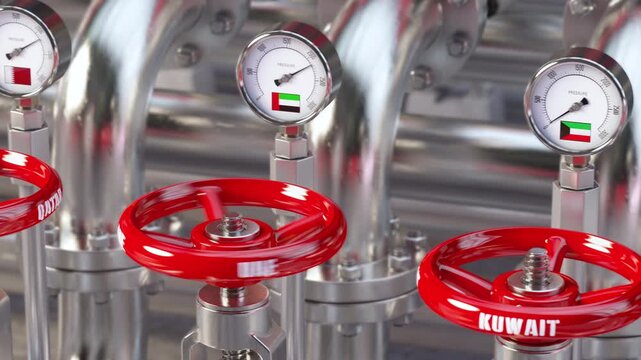 Hormuz strait energy oil crisis concept. Oil tube valve with flags of Persian gulf countries closied
