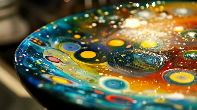 Vibrant Abstract Glass Art Bowl with Swirling Colors and Bubbles.