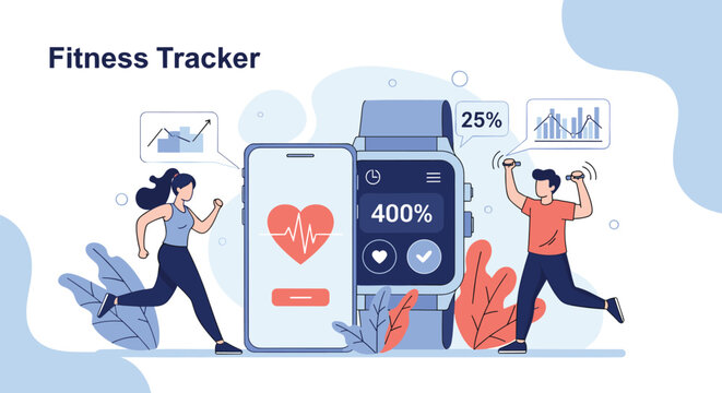 Modern fitness tracker technology concept with active people running and exercising next to a large smartwatch and phone.