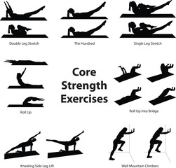 Obraz premium Vector Silhouettes of Female Pilates and Core Strength Exercises