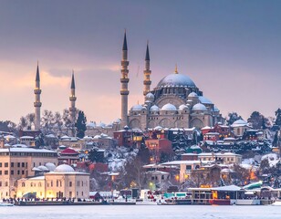 Obraz premium Snowy Istanbul - A Majestic Mosque and Cityscape.