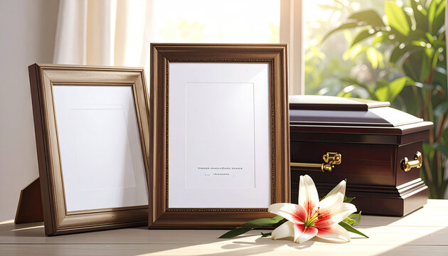 Two empty frames, lily, and an urn. A somber remembrance.