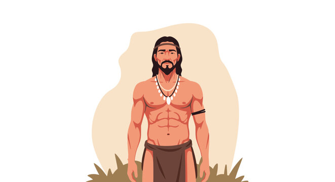 Detailed portrait of a strong Native American man or brave warrior wearing traditional leather clothing and bead necklaces.