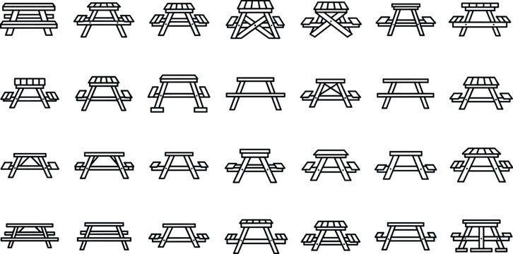 Large collection of wooden picnic table icons in black outline style featuring various bench designs for outdoor parks, backyard gardens, and public camping areas.