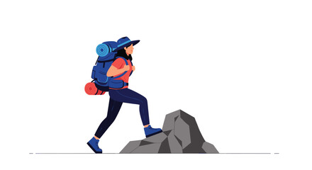Naklejka premium Active woman hiker with a large blue backpack and trekking gear climbing over grey rocks during an outdoor mountain adventure.