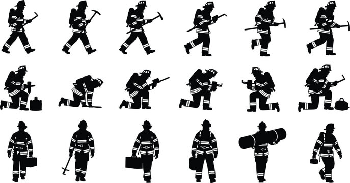 Professional Firefighter Silhouette Collection Featuring Firemen In Protective Gear Carrying Rescue Equipment Tools And First Aid Kits For Emergency Safety And Rescue Design