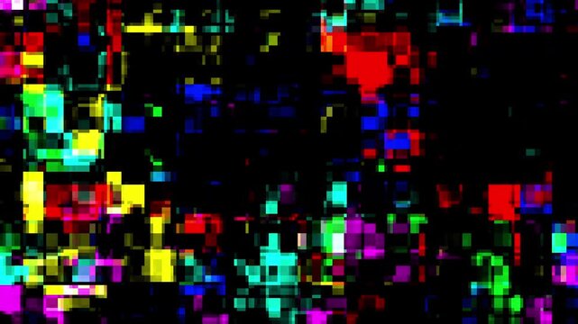 Abstract colorful digital glitch overlay texture with vibrant pixelated datamosh blocks on a black background.