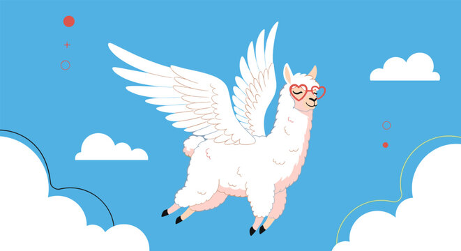 Whimsical white llama with large feathery wings and heart shaped glasses flying through a blue sky with fluffy white clouds.