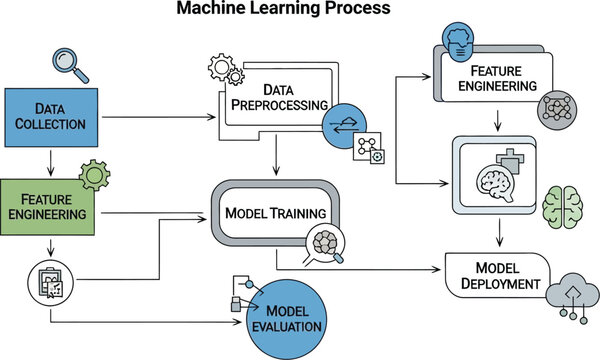 Machine learning process diagram shows data collection to model.
