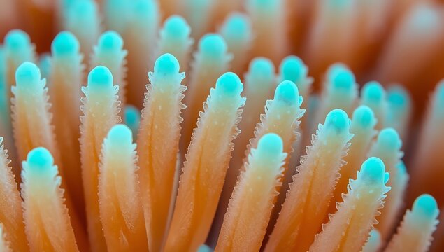 A close-up view of a vibrant orange sea anemone with bright blue tentacles in the ocean