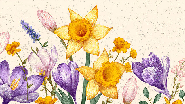 Spring cutest card or poster for the spring holiday with wildflowers, Narcissus flower, Crocus flowers. Hand drawn crayon Floral art template for Womens Day March 8, Easter, birthday and Mothers Da...