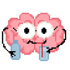 Fototapeta premium Brain character holding water bottle and drinking pixel art icon