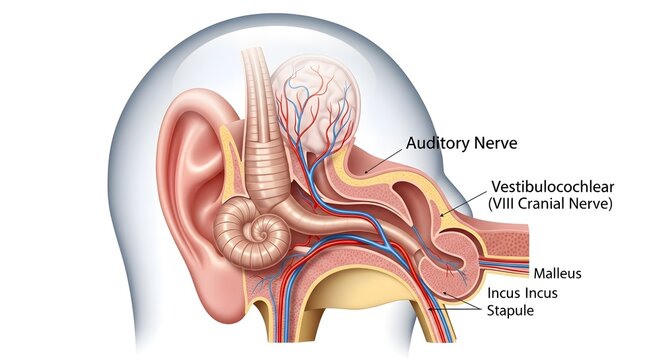 Comprehensive cross‑section anatomical illustration of the human ear and surrounding skull showing outer, middle and inner ear structures plus the vestibulocochlear nerve, explaining sound conduction,