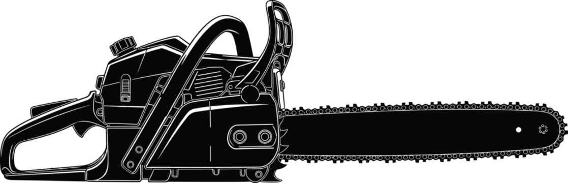 Chainsaw silhouette vector illustration powerful cutting tool equipment isolated black design for forestry logging construction and woodworking machinery projects