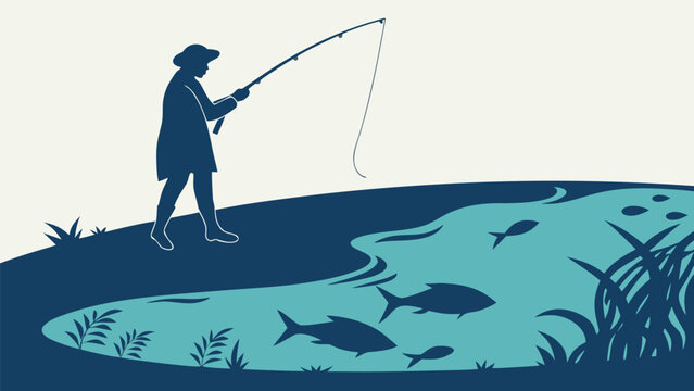 Man fishing in a serene pond with fish swimming surrounded by lush greenery and a peaceful atmosphere