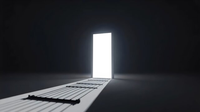 Luminous portal casting a cage shadow &ndash; Perfect for deception awareness, hidden truth concepts, or dramatic conceptual art.