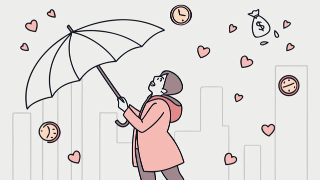 Person holding umbrella with hearts clocks and money floating around in city