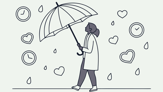 Person holding umbrella under heart rain with clocks symbolizing love and time