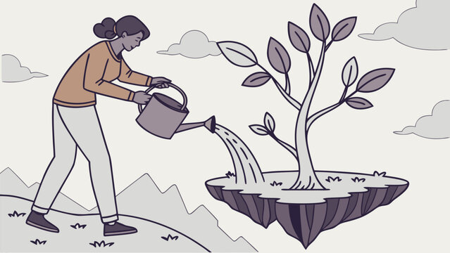 Woman watering a plant growing out of a floating island with a watering can in a serene landscape
