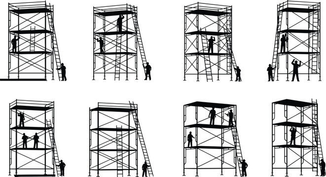 Construction scaffolding silhouettes vector illustration set with workers on platforms isolated black design elements for building maintenance repair and engineering
