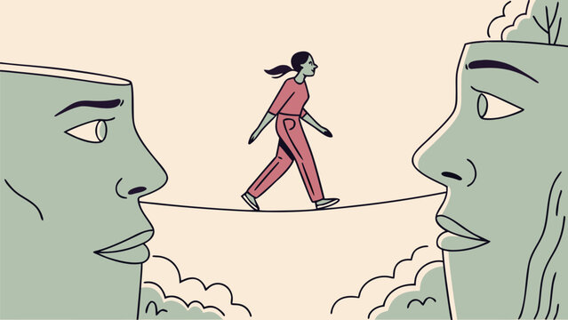 Woman walks tightrope between two giant faces symbolizing balance and inner conflict in a surreal landscape