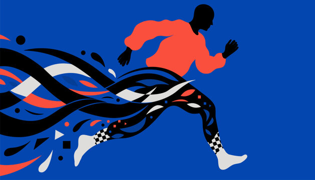 Runner dissolving into dynamic wind lines symbolizing speed and freedom in motion on a blue background