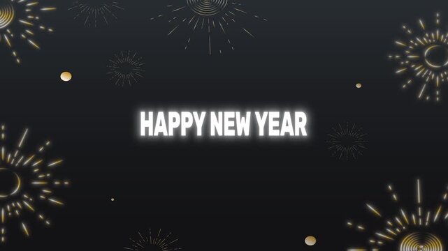 Happy New Year glowing text reveal inside expanding colorful bubble with sunbursts2
