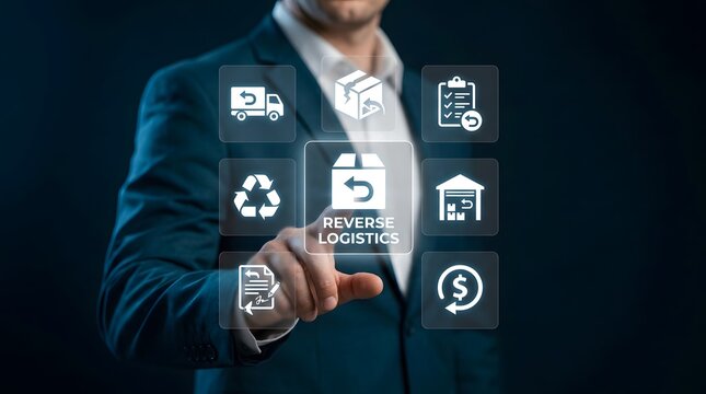 A businessman interacts with floating digital icons representing reverse logistics, supply chain management, and e-commerce. Ideal for corporate marketing, technology, and logistics industry content.