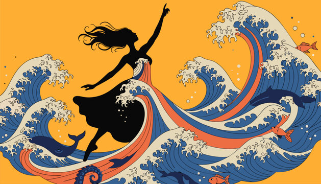 Dancer silhouette transforming into wave on orange background with blue white and red swirls