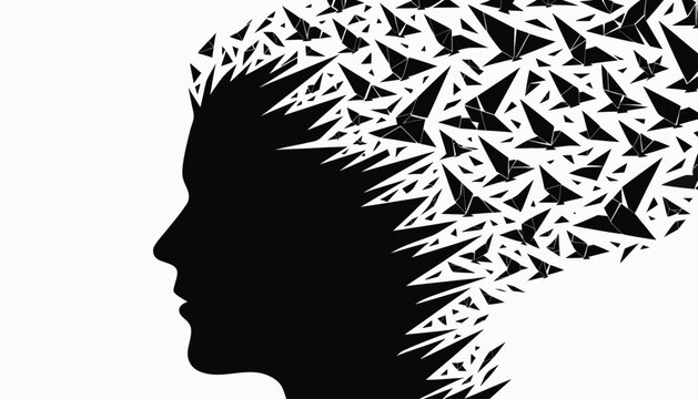 Silhouette of a human head dissolving into sharp triangles on white background representing mental fragmentation