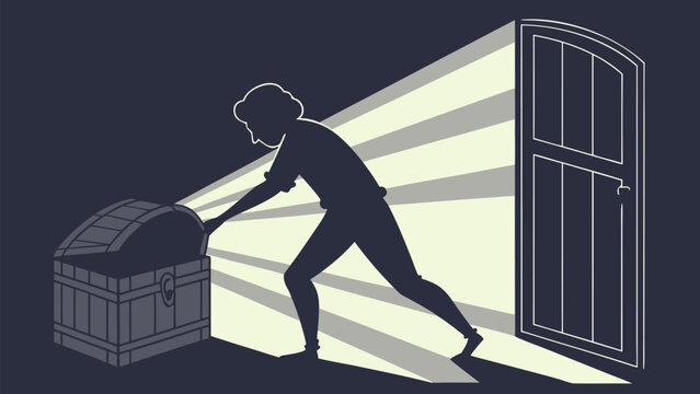Person opening treasure chest with light shining through doorway symbolizing discovery and opportunity