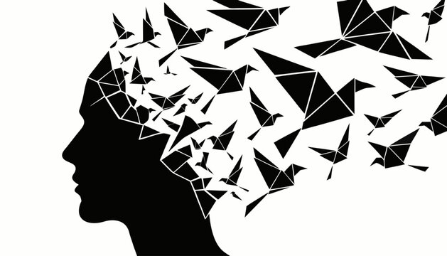 Silhouette of a human head dissolving into swallows on white background representing freedom and mental clarity