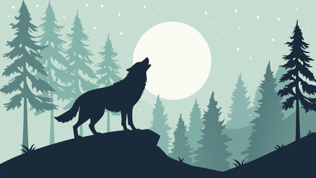 Wolf silhouette howling at full moon in forest landscape with pine trees and starry night sky