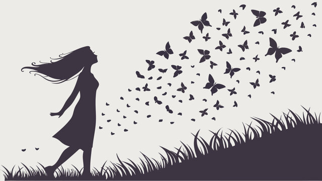Woman silhouette with hair transforming into flying butterflies on a grassy hill
