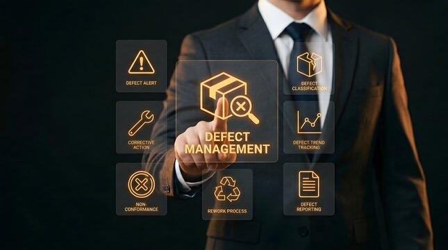 A well-dressed professional holding a digital tablet displaying defect management and quality assurance icons, ideal for business, corporate, and industrial marketing materials.