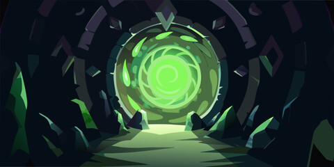 A swirling glowing green portal framed by dark jagged rock formations © Prosit