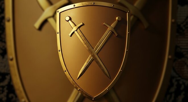 A close up view of a medieval metal shield featuring two crossed swords as a decorative emblem illustration