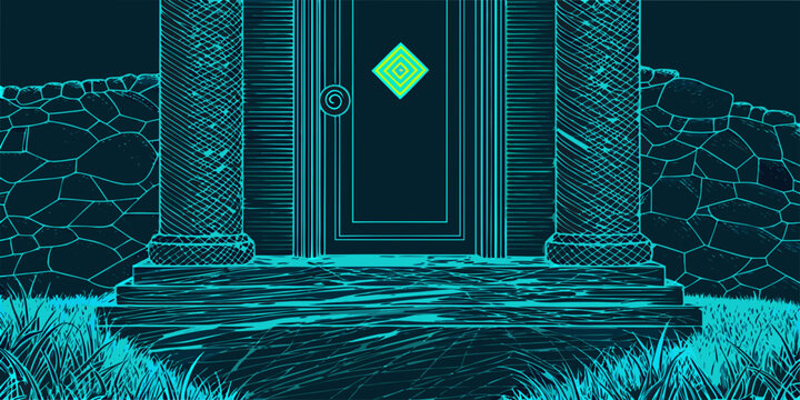 An illuminated doorway framed by columns and stone architecture