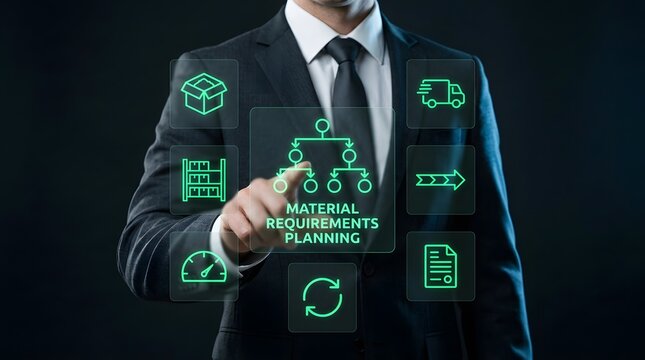 A businessman interacts with futuristic holographic supply chain and inventory icons, illustrating material requirements planning (MRP) concepts for corporate strategy and digital transformation.