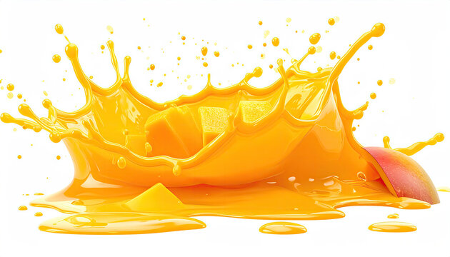 Bright mango juice splashes with fruit pieces on a white background