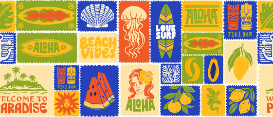 Summer tropical seamless pattern, hand drawn exotic vacation tile background, ocean mail sticker. Hawaii aloha square mosaic wallpaper, beach coastal collage texture. Sea summer pattern design graphic © Oleksandra