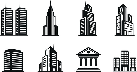 Set of modern building icons including skyscrapers offices bank and apartments, urban architecture vector illustration isolated on white background clean © MdAjijul