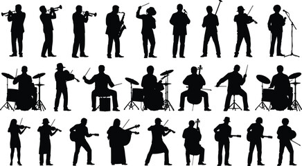 Large collection of music player silhouettes featuring musicians with guitar violin trumpet saxophone drums and cello, vector band icons isolated on white background. © MdAriful