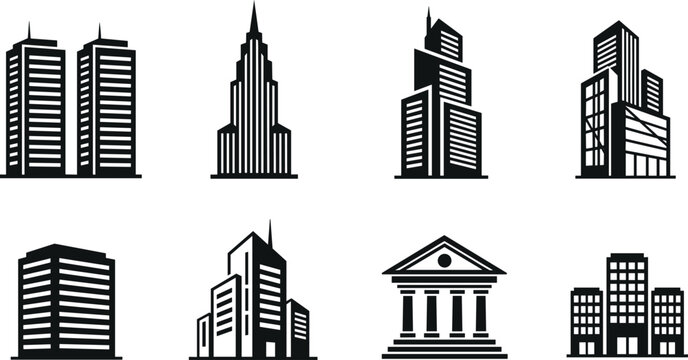 Set of modern building icons including skyscrapers offices bank and apartments, urban architecture vector illustration isolated on white background clean