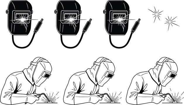 Set of welding helmet icons and welders working with sparks, industrial safety equipment vector illustration isolated on white background clean