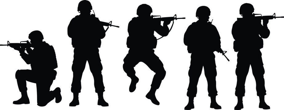 Soldier silhouettes vector illustration set with armed military personnel in different poses isolated black design for defense security and combat