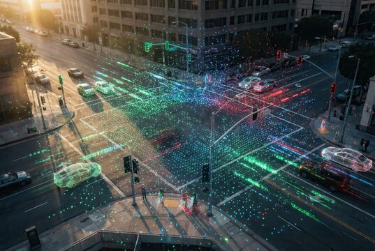 Smart city intersection traffic flow digital data visualization sunset